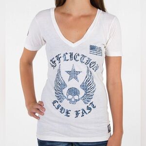 Affliction Women's White and Blue Graphic V-Neck Tee